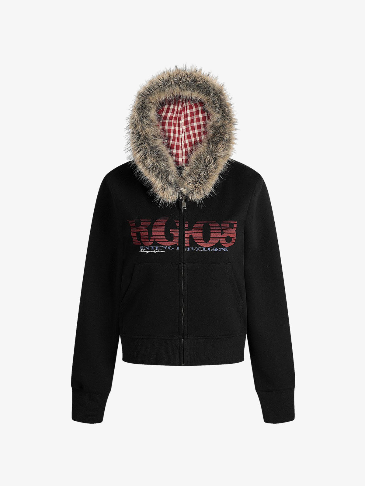 Thesupermade American Retro Gradient Letter Print Splicing Cardigan Fur Collar Coat