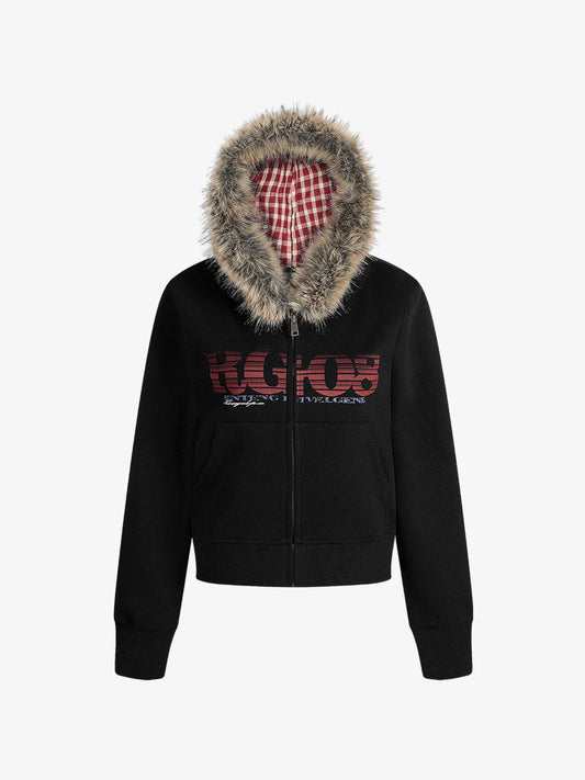 Thesupermade American Retro Gradient Letter Print Splicing Cardigan Fur Collar Coat