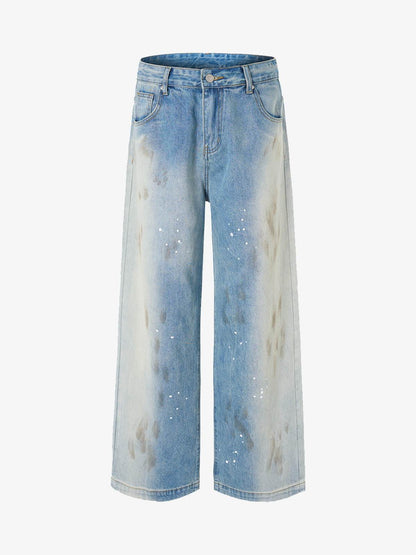 Vintage Heavy Splatter Washed Denim Wide Leg Jeans