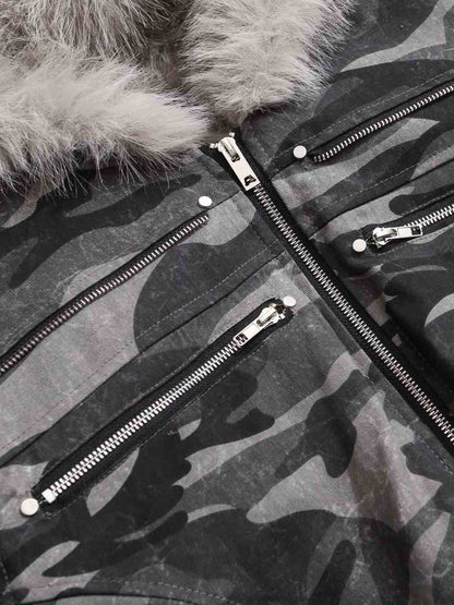 Vintage Camo Faux Fur Hood Padded Bomber Jacket 