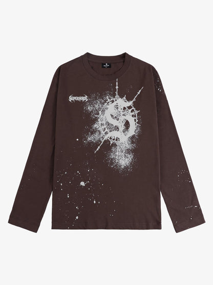 Cotton Washed Slim Fit Long-Sleeve T-Shirt with Splatter Graphic Print and Gothic 3D stereoscopic silicone printing Logo Design?