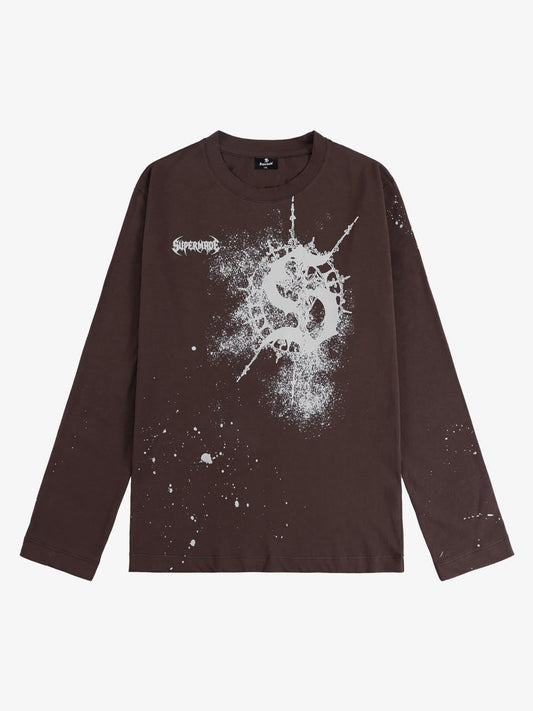 Cotton Washed Slim Fit Long-Sleeve T-Shirt with Splatter Graphic Print and Gothic 3D stereoscopic silicone printing Logo Design?