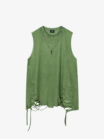 Cotton Ripped Sleeveless Tank Top with Frayed Hem and Cut-Out Details for Edgy Streetwear Style 