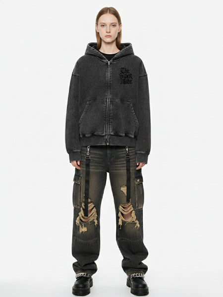 Thesupermade Washed Gray Distressed Double Zipper Cardigan Hooded Sweatshirt Sketch Skull Clock 