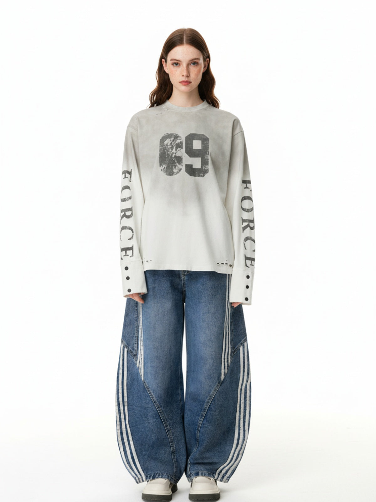 Denim Contrast Striped Stitching Barrel Jeans - 2504