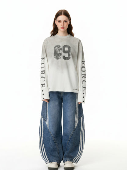 Denim Contrast Striped Stitching Barrel Jeans - 2504