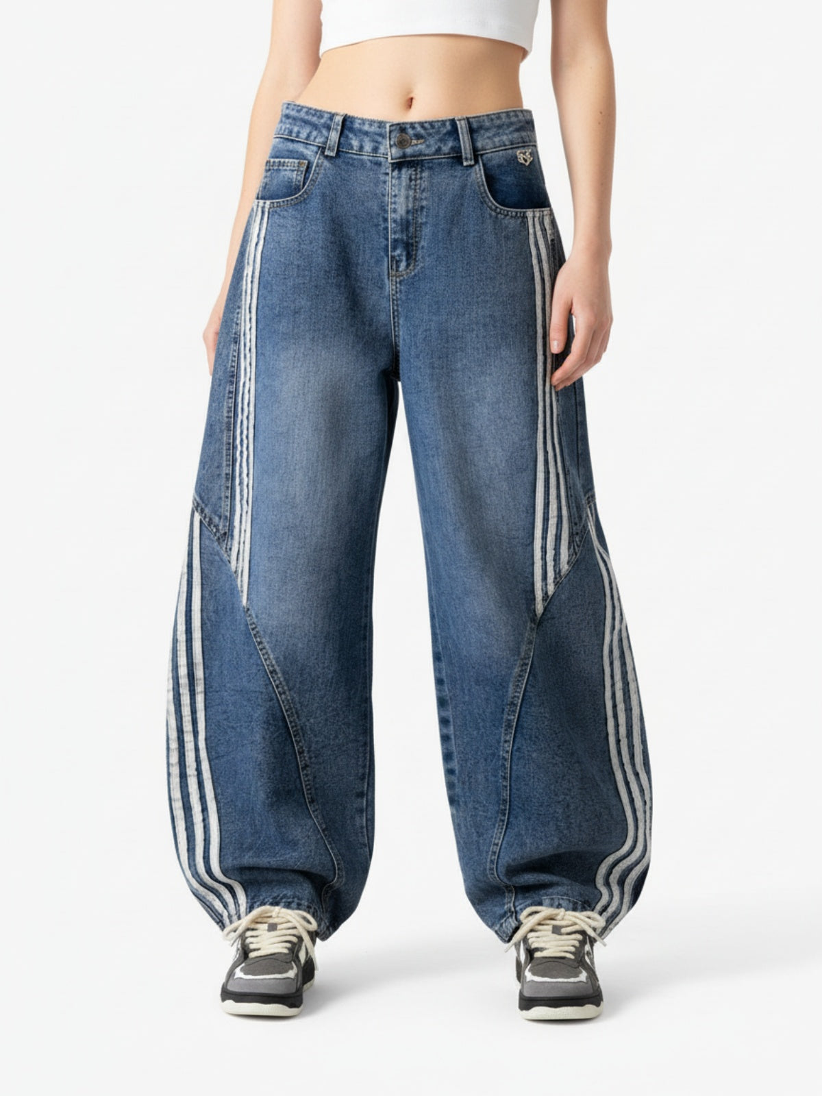 Denim Contrast Striped Stitching Barrel Jeans - 2504