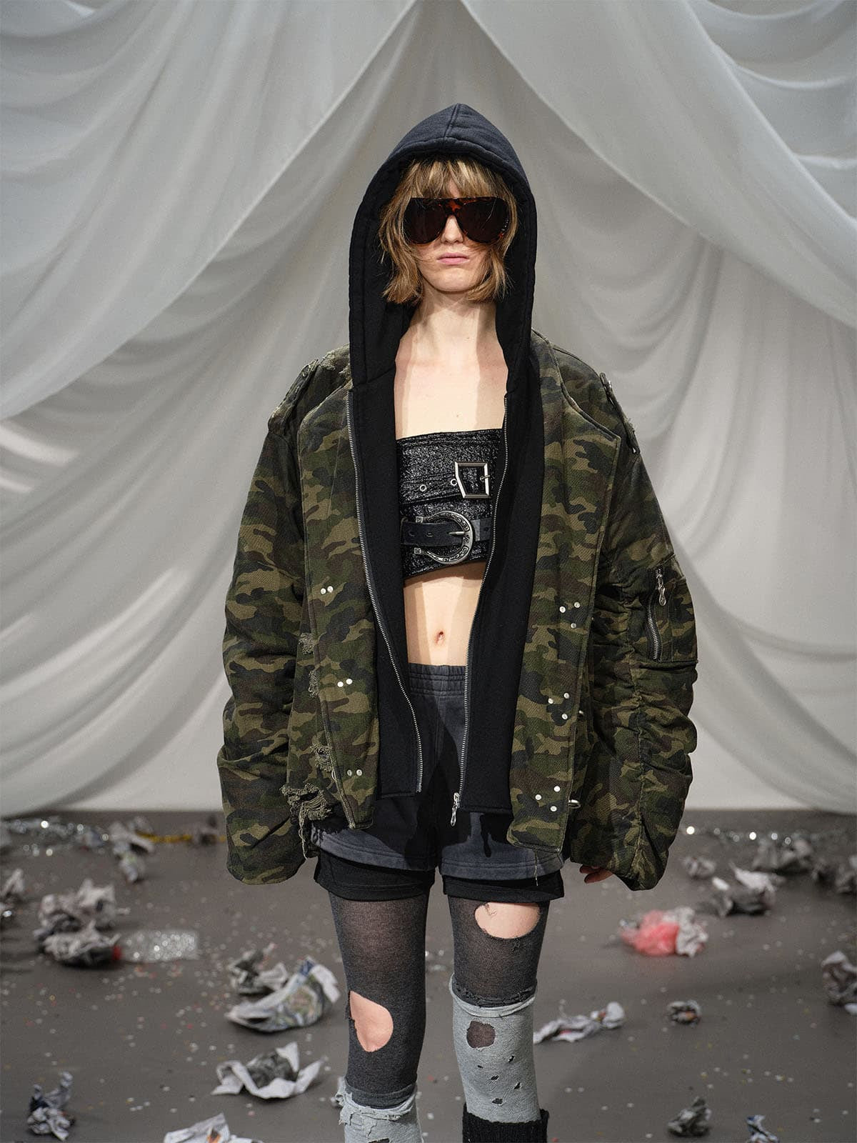 Camouflage Hooded Jacket with Distressed Details and Toggle Closure 