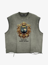 A distressed, street-style loose sleeveless vest adorned with FIFA gold-toned emblems and global prints, cut and washed 