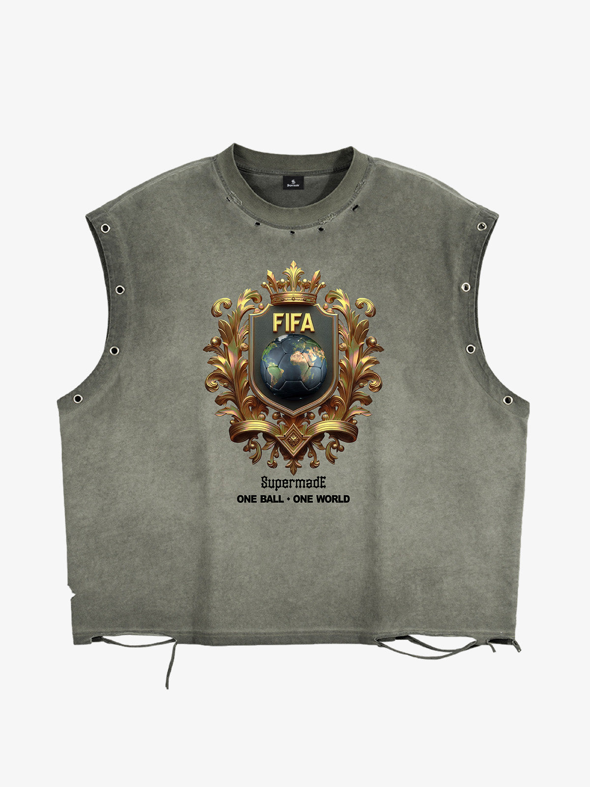 A distressed, street-style loose sleeveless vest adorned with FIFA gold-toned emblems and global prints, cut and washed 