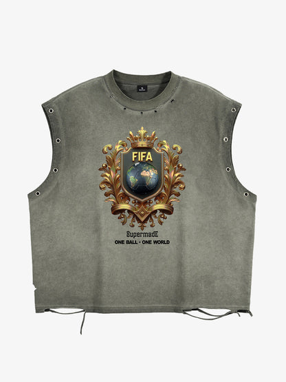 A distressed, street-style loose sleeveless vest adorned with FIFA gold-toned emblems and global prints, cut and washed 