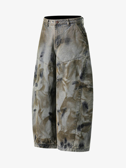 Denim Tie-Dye Wide-Leg Cropped Pants for Women High Waist Loose Fit Summer Casual Fashion 