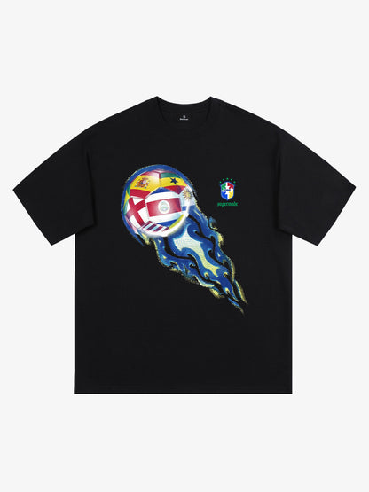 Cotton Football Flag Graphic T-Shirt for Men - Oversized Casual Streetwear with World Cup Design 