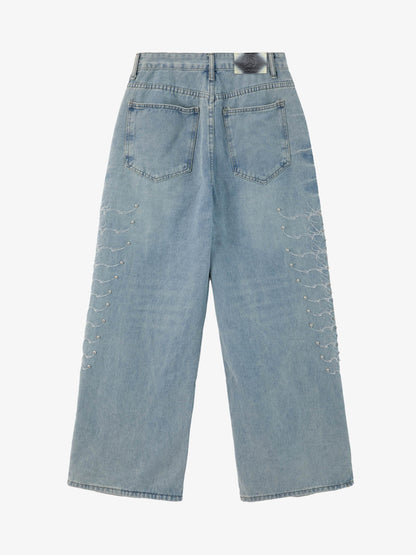 Light Blue Embroidered Denim Wide-Leg Pants with Beaded Details 