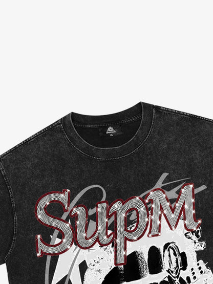 Distressed Sleeveless Crop Top with Barbed Wire Graphic Design 