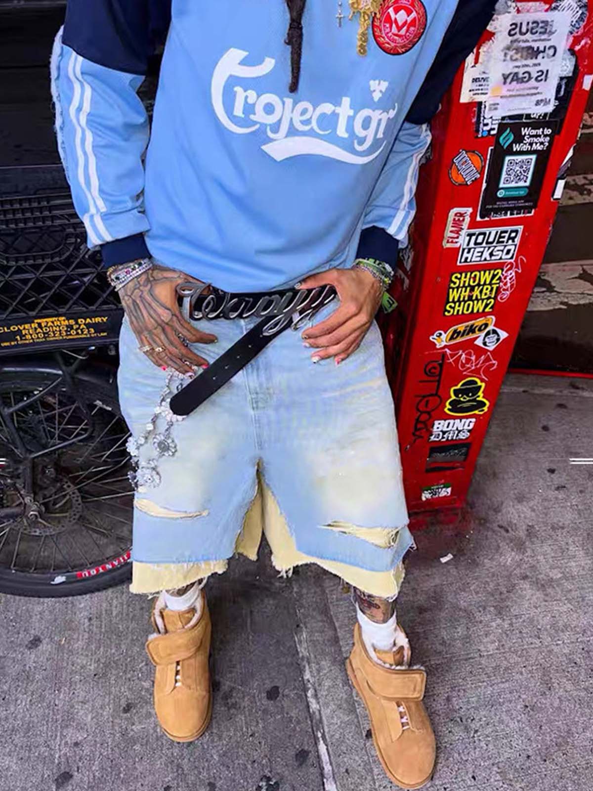 Cotton Denim Layered Ripped Shorts with Beige Underlayer for Men and Women, Fashionable Streetwear Style?