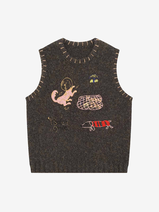 Wool Blend Embroidered Sleeveless Knit Vest with Whimsical Animal Motifs and Artistic Stitching Details?