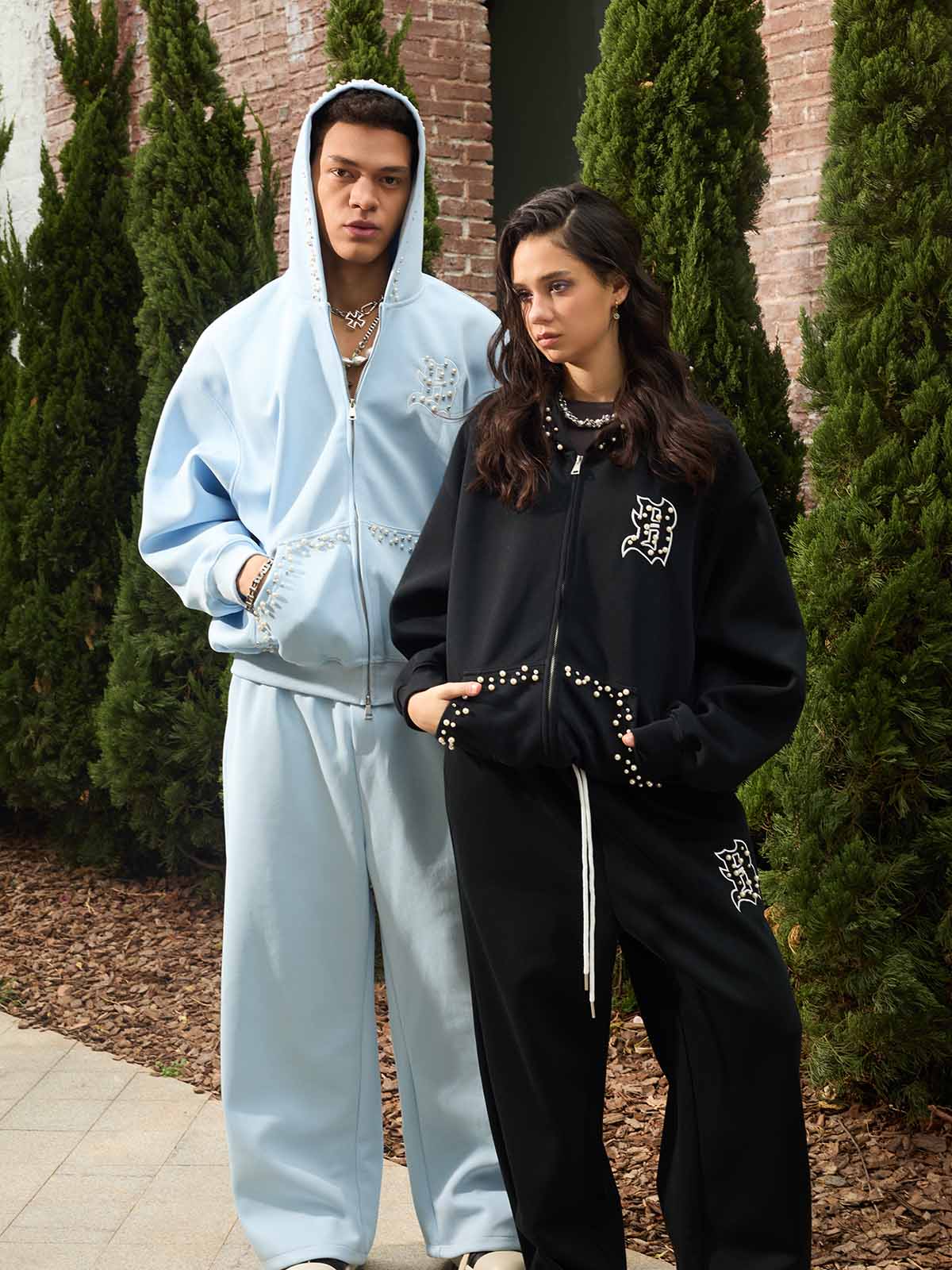 Cotton Blend Embroidered Pearl Detail Track Jacket with Zip Front and Hood 