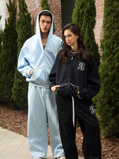 Cotton Blend Embroidered Pearl Detail Track Jacket with Zip Front and Hood 