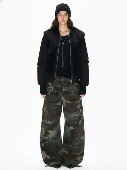 Retro Faux Fur Panel Quilted Zip-Up Bomber Jacket