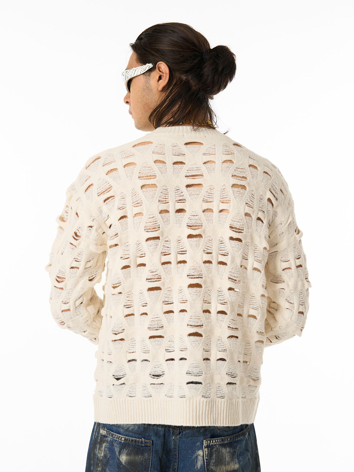 Ripped Openwork Crewneck Sweater 