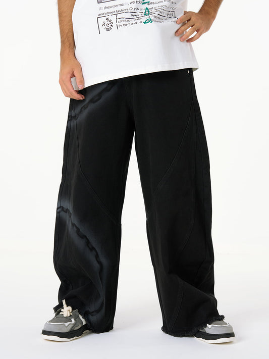 Chain Print Raw Edge Washed Wide-Leg Jeans 