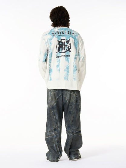 Retro Mottled Striped Badge Print Long Sleeve T-Shirt 