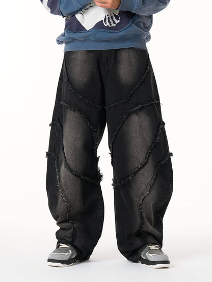 Washed Distressed Raw Edge Barrel Jeans - 2402 