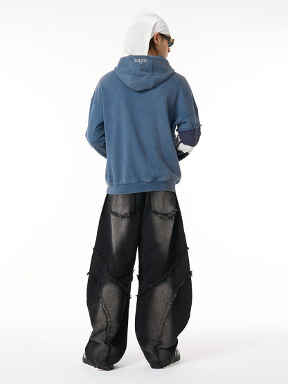 Washed Distressed Raw Edge Barrel Jeans - 2402 