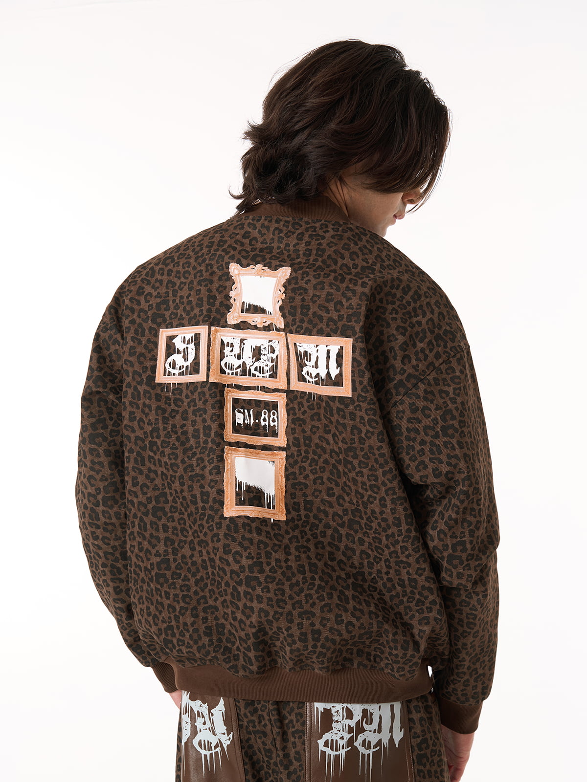 Cross Frame Leopard Print Baseball Jacket 