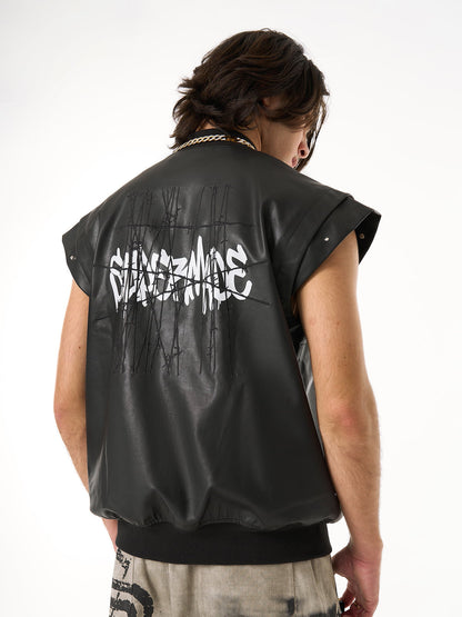 Thorn Destruction Frame Pattern Leather Vest 