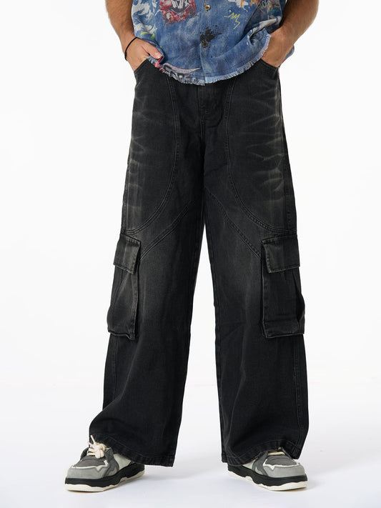 Washed Distressed Multi-Pocket Cargo Jeans 
