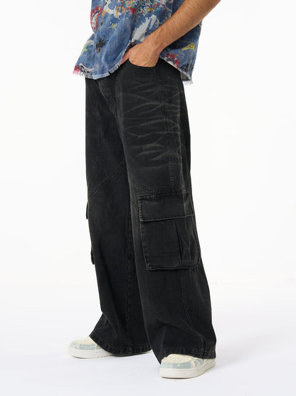 Washed Distressed Multi-Pocket Cargo Jeans 