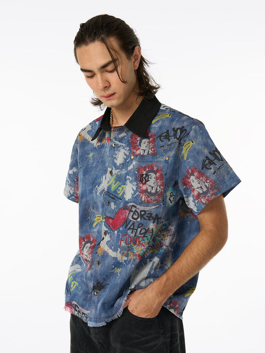 Tie-Dye Denim Graffiti Polo T-Shirt 