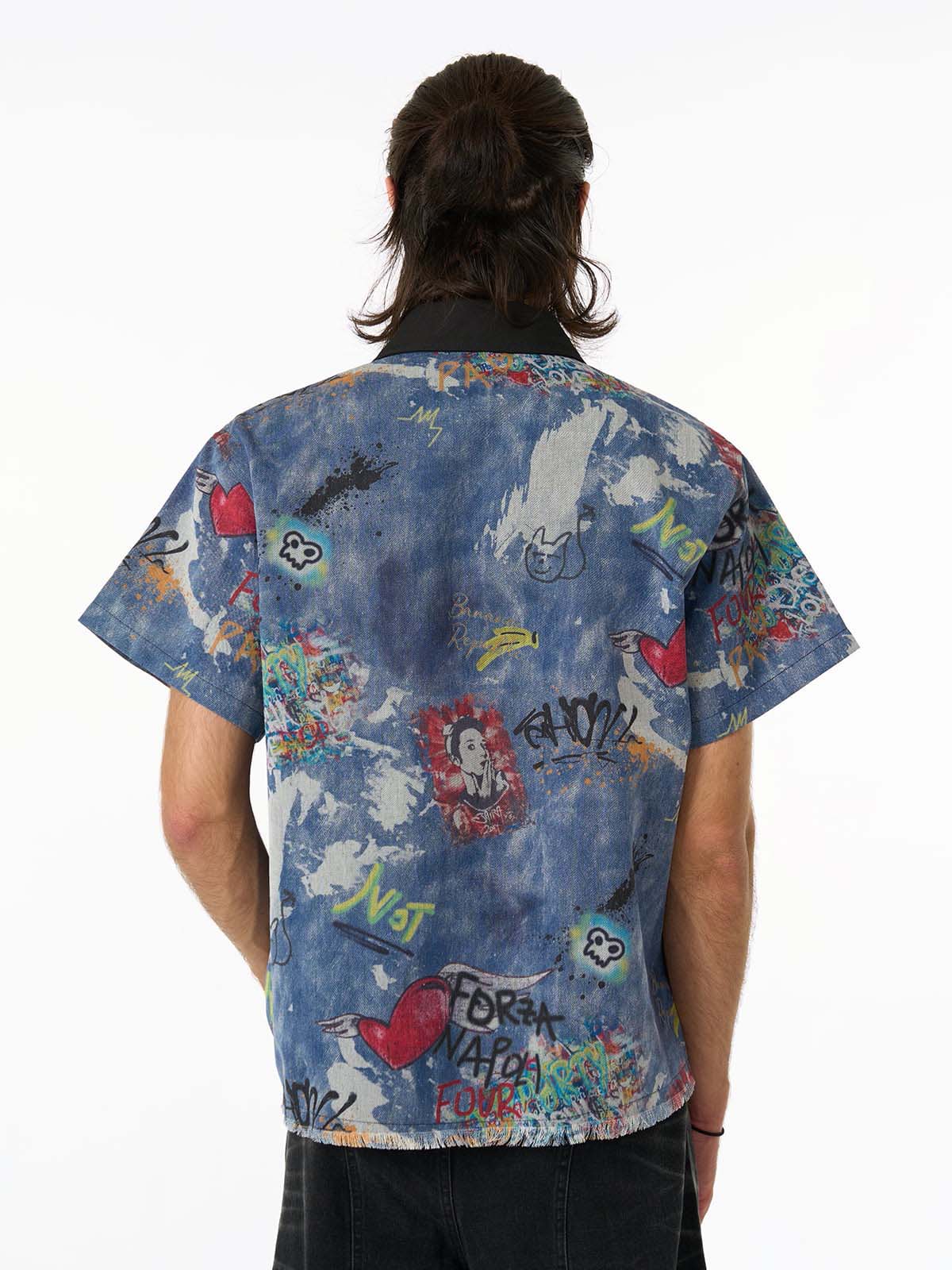 Tie-Dye Denim Graffiti Polo T-Shirt 