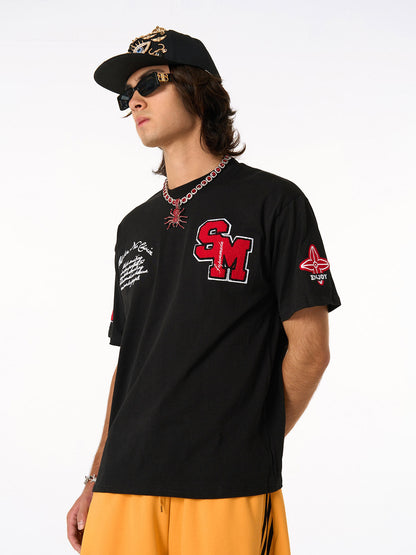 Retro Motorcycle Style Heavy Patch Embroidered T-shirt 