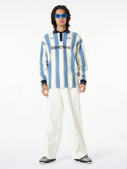 Retro Striped Polo Collar Sports Jersey Knit Sweater 