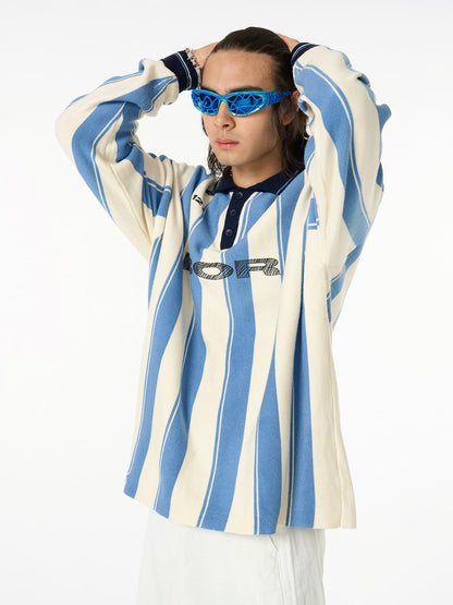 Retro Striped Polo Collar Sports Jersey Knit Sweater 
