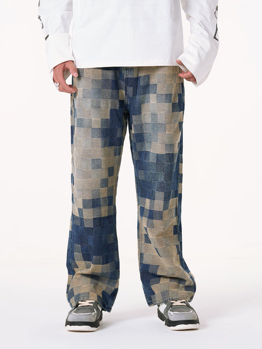 Thesupermade Checkerboard Jacquard Wide Leg Jeans - 2193 