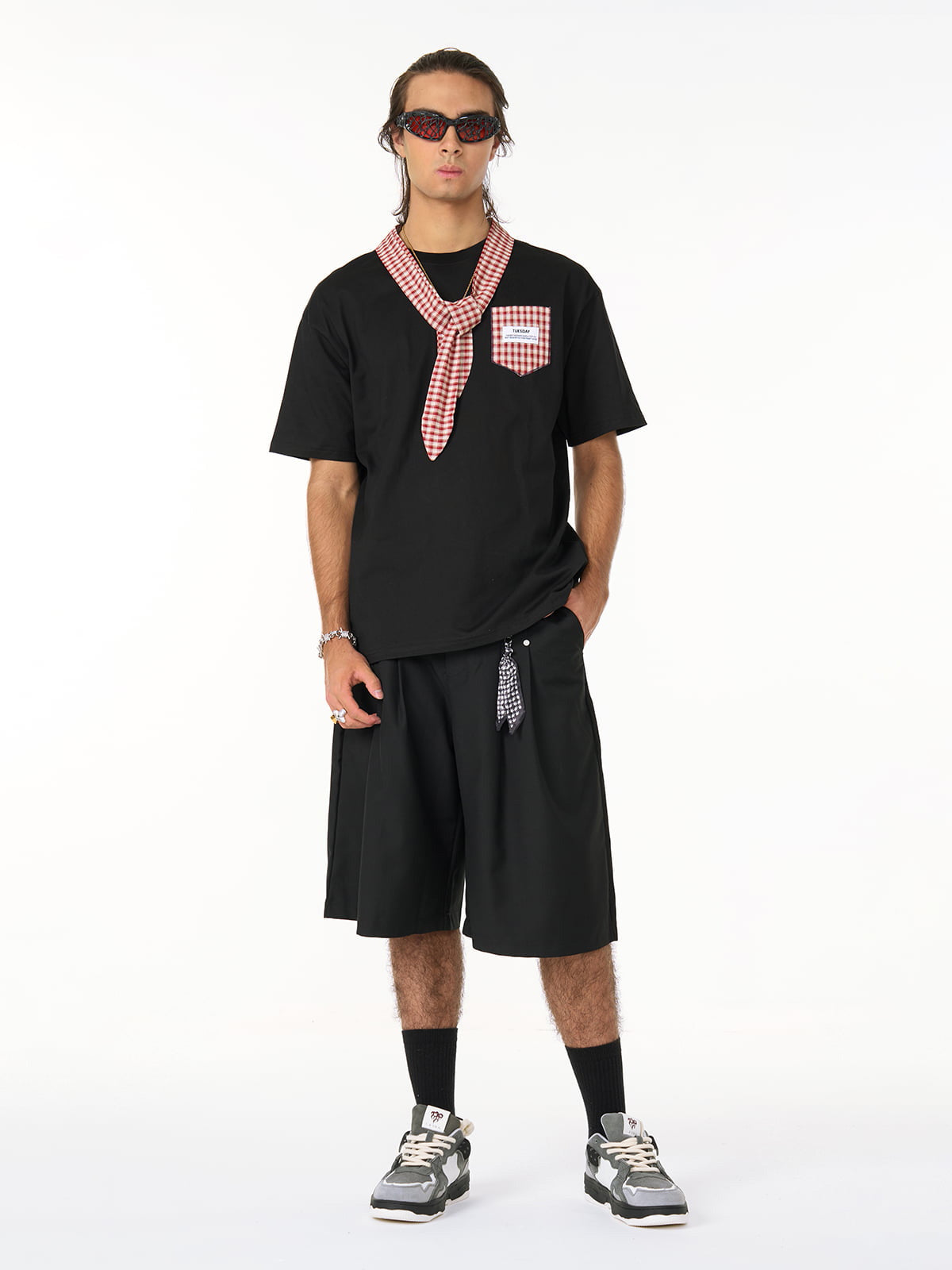 Street Plaid Tie Short Sleeve T-Shirt 