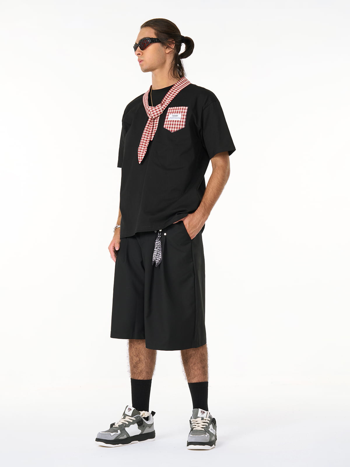 Street Plaid Tie Short Sleeve T-Shirt 