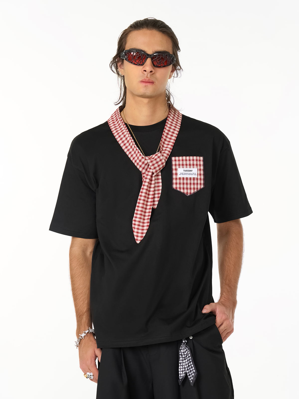 Street Plaid Tie Short Sleeve T-Shirt 