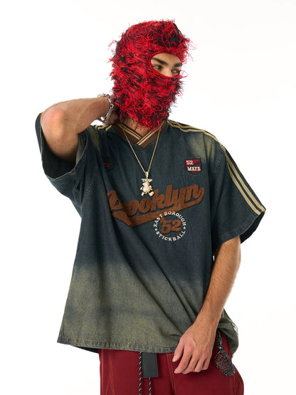 Vintage Distressed Washed Gradient Denim T-shirt 