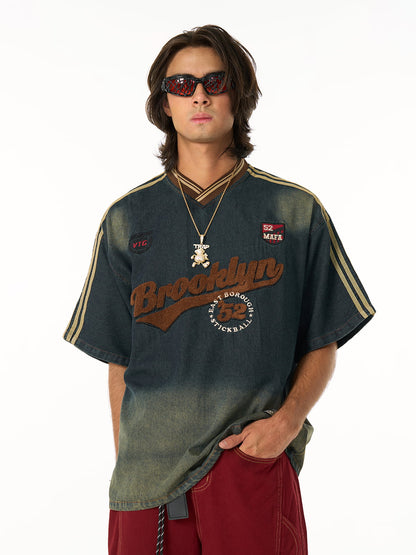 Vintage Distressed Washed Gradient Denim T-shirt 