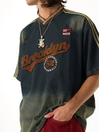 Vintage Distressed Washed Gradient Denim T-shirt 