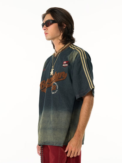 Vintage Distressed Washed Gradient Denim T-shirt 