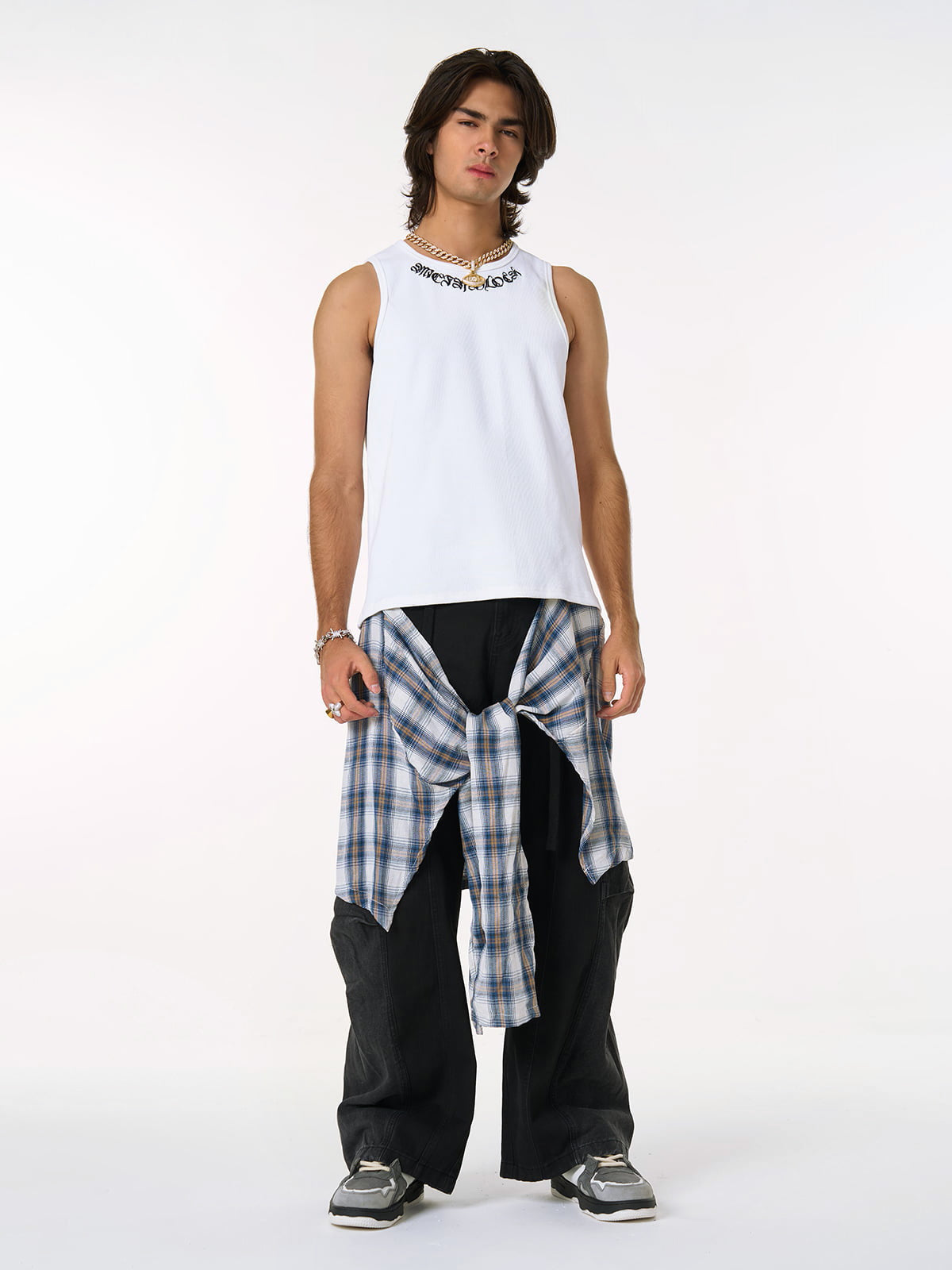 Faux Two-piece Plaid Detachable Scimitar Jeans - 2435 