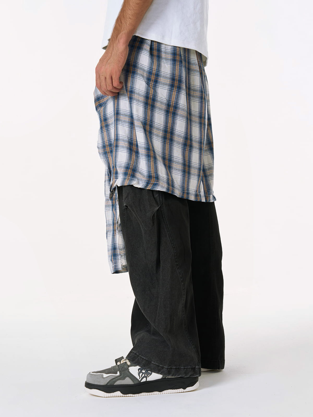 Faux Two-piece Plaid Detachable Scimitar Jeans - 2435 