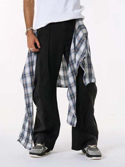 Faux Two-piece Plaid Detachable Scimitar Jeans - 2435 