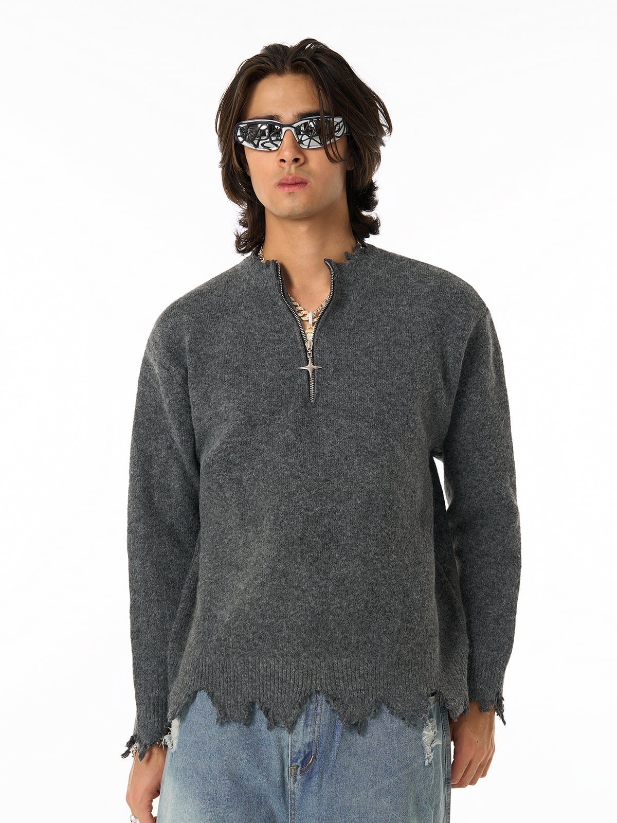 Distressed Quarter Zip Sweater 